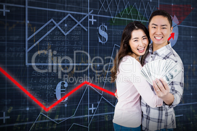 Composite image of portrait of smiling couple holding money