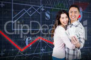 Composite image of portrait of smiling couple holding money