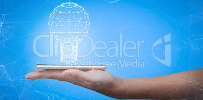 Composite image of hand holding mobile phone against white background