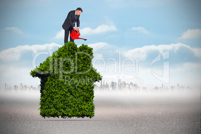 Composite image of mature businessman using watering can