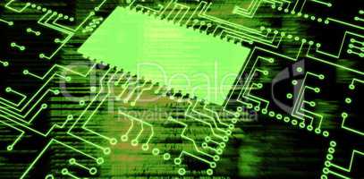 Composite image of blue circuit board on white background