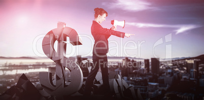 Composite image of businesswoman with loudspeaker