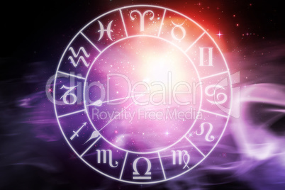 Composite image of digitally composite image of clock with various zodiac signs