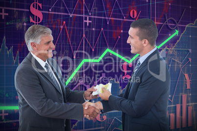 Composite image of businessmen shaking hands and exchanging money