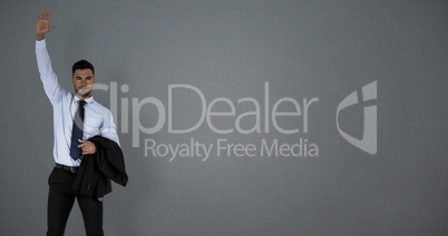 Composite image of portrait of businessman with arm raised