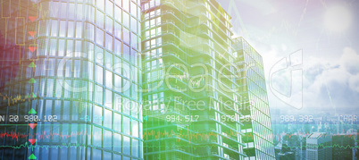 Composite image of 3d image of glass buildings