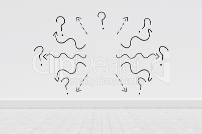 Composite image of black curve line with question mark against white background
