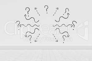 Composite image of black curve line with question mark against white background