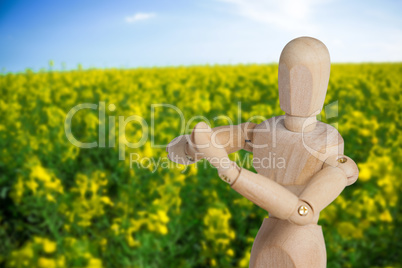 Composite image of wooden 3d figurine performing yoga