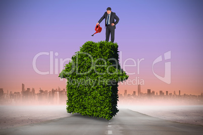 Composite image of mature businessman using watering can