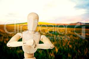 Composite image of close up of 3d wooden figurine kneeling with both hands joined
