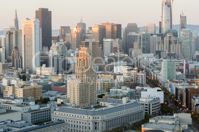 Aerial View of San Francisco Downtown and Market Street at Sunset.