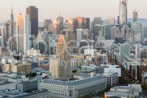 Aerial View of San Francisco Downtown and Market Street at Sunset.