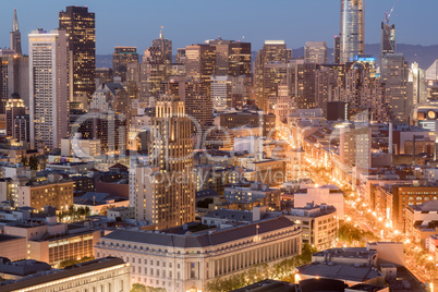 Aerial View of San Francisco Downtown and Market Street at Dusk.