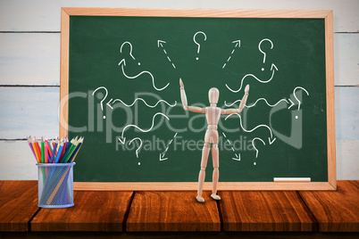 Composite image of 3d image of carefree wooden figurine with arms raised