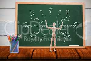 Composite image of 3d image of carefree wooden figurine with arms raised