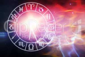 Composite image of graphic image of clock with various zodiac signs