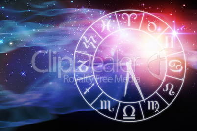 Composite image of graphic image of clock with various zodiac signs