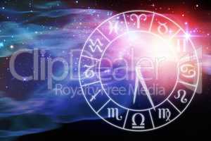 Composite image of graphic image of clock with various zodiac signs