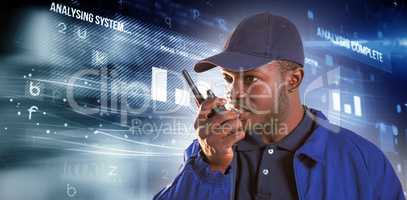 Composite image of security officer talking on walkie talkie