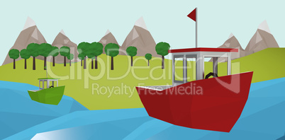 Composite image of red boat over white background
