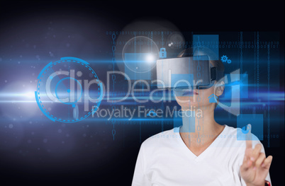 Business woman using virtual headset against dark background