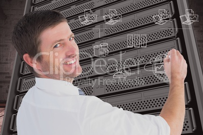 Businessman drawing in a data center