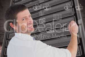 Businessman drawing in a data center