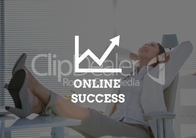 Online success text against business woman feet on desk