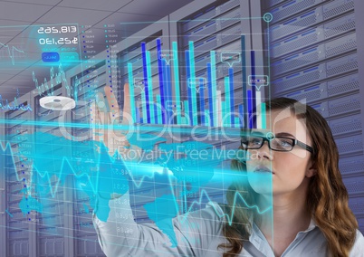 futuristic interface, servers. businesswoman with glasses