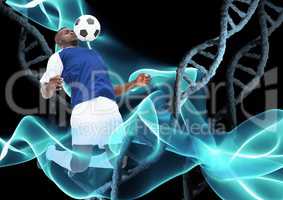 Soccer player with ball and with stone dna chains and black background and blue lights