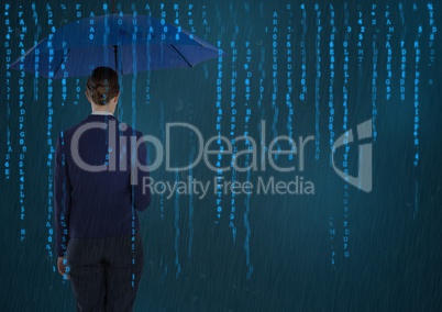 Back of business woman with umbrella against blue background and blue code with rain