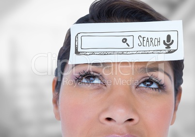 Close up of woman with card on head showing grey search bar against blurry grey stairs