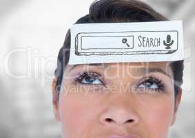 Close up of woman with card on head showing grey search bar against blurry grey stairs