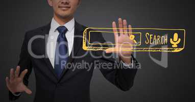 Business man with yellow search bar on palm against grey background
