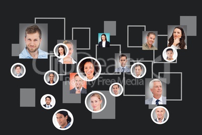 Organisation chart with eighteen persons on it with a black background