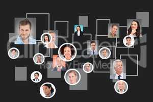 Organisation chart with eighteen persons on it with a black background