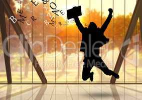 businessman silhouette with text coming up from the head. Jumping in the office in front of the wind