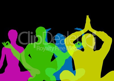 Intense color silhouettes doing yoga  with opacity. Black background