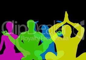 Intense color silhouettes doing yoga  with opacity. Black background