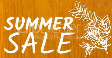 White summer sale text and white leaf graphic against wood
