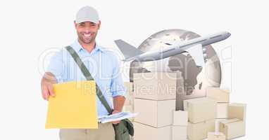 Casual man giving yellow paper in front of a drawing of airplane and cardboard box