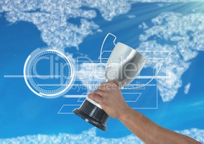 Digital composite image of hand holding trophy against world map