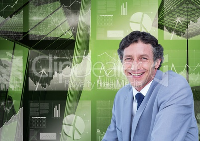 Portrait of smiling businessman against 3d image of graphs pie diagram and growth arrows