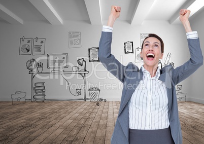 Digital composite image of excited businesswoman with arms raised standing against office drawings