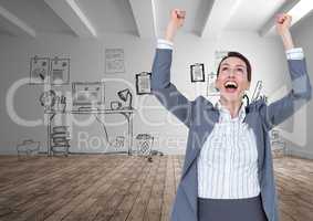 Digital composite image of excited businesswoman with arms raised standing against office drawings
