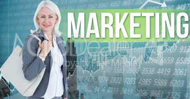 Digital composite image of businesswoman carrying shoulder bag standing by marketing text against nu