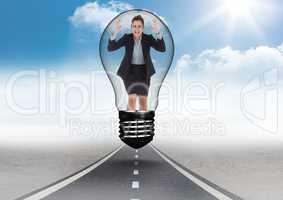 Angry businesswoman in light bulb over road