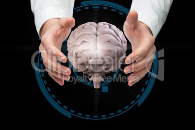 Hands holding digital brain with black background
