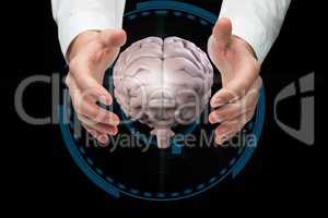 Hands holding digital brain with black background